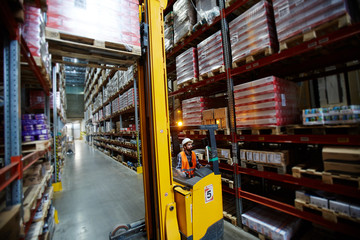 Worker on forklifter loading packed goods for wholesale