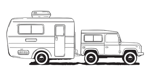 Camping caravan. Motorhome, amper car with trailer. Black and white hand drawn illustration.