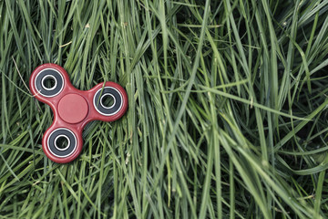 Popular red spinner gadget in 2017 against the background of green grass.