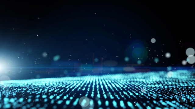 Dark blue abstract animation background with moving and flicker particles form. Backdrop of bokeh light ray effect.