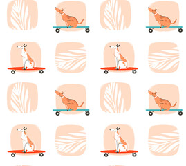 Hand getekende vector cartoon tekenen zomertijd leuke naadloze patroon illustratie met het berijden van honden op skateboards en lange planken geïsoleerd op een witte achtergrond.