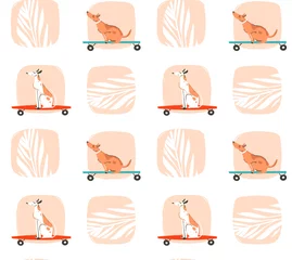 Abwaschbare Fototapete Hunde Handgezeichnete Vektor-Cartoon-Zeichnung Sommerzeit Spaß nahtlose Musterillustration mit Reithunden auf Skateboards und langen Brettern isoliert auf weißem Hintergrund.