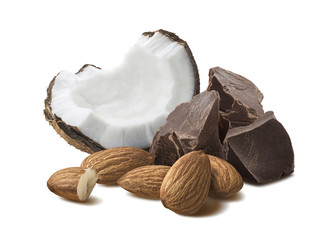 Coconut chocolate piece almond nuts isolated on white