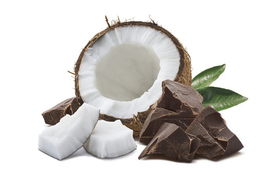 Coconut chocolate green leaf isolated on white