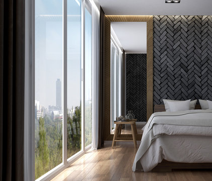 The bedroom interior design 3d rendering and black brick wall texture