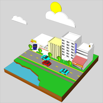 City life with gas station and street traffic