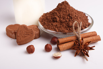 Chocolate heart-shaped candy on a white background, chocolate composition