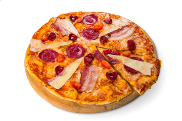 Delicious italian pizza with salami, bacon and parmesan