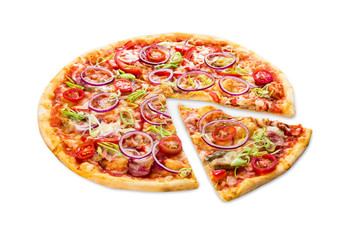 Delicious pizza with with onions, bacon and cherry