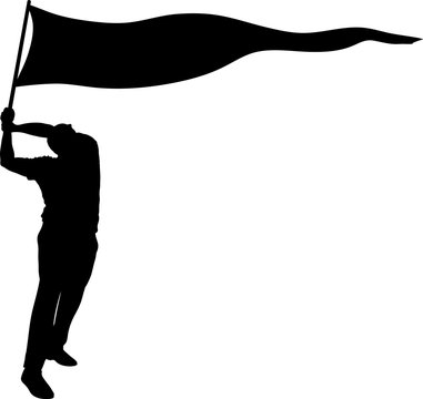 Silhouette Of A Man Holding A Large Banner Flag And Waving It In The Air.