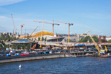Construction of "Floating  pedestrian Bridge" Zaryadye park,  in front of the Moscow Kremlin Russia