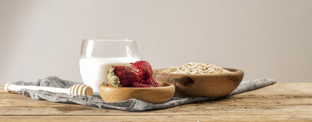 Ingredients for oatmeal with fresh fruit or smoothie