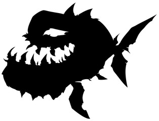Black graphic silhouette monster fish with big jaw