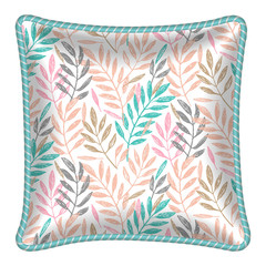 Decorative throw pillow with leaves pattern applied. Patterned cushion. Tropical leaves foliage pattern. Vector illustration.