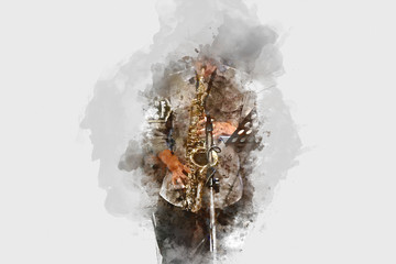 Abstract saxophone in the foreground. Close up, Watercolor paint jazz playing the saxophone. - obrazy, fototapety, plakaty