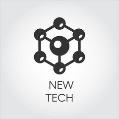 Black icon in flat style of spherical particles. Connection molecular structure label. Logo of new tech concept. Vector illustration