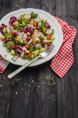Fresh salad with mixed greens, radish, cheese and tomato in a plate on wooden background. Italian Mediterranean or Greek cuisine. Vegetarian vegan food