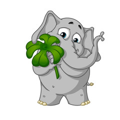 Big collection vector cartoon characters of elephants on an isolated background. Holds clover for good luck