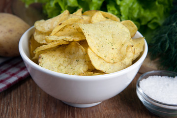 still life from a glass bowl with potato chips
