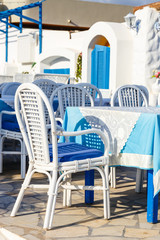 White and blue colors of traditional Greek tavern. Crete Island, Greece