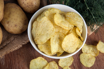 still life from a glass bowl with potato chips