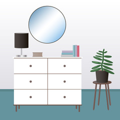 Chest of drawers with mirror. Flat interior illustration