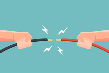 Hands holding electric cable with electricity spark. Vector illustration.