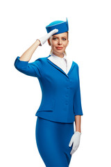 The stewardess salutes.