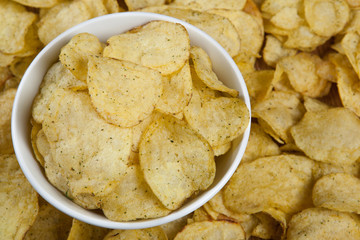 still life from a glass bowl with potato chips