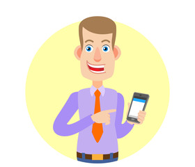 Businessman pointing at mobile phone in his hand