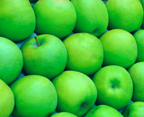Fototapeta na wymiar Green apples grown for sale, packed tightly