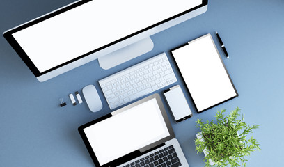 top view blue devices blank