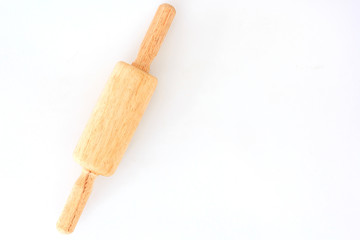 Wooden rolling pin isolated on white background, Top view with copy space and text.