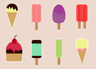 Tasty colorful ice cream set. Collection ice-cream cones and Popsicle with different topping isolated on white background. Vector illustration for web design or print