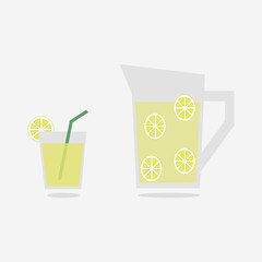 A jug and glass of lemonade and half a lemon with leaf. Vector illustration
