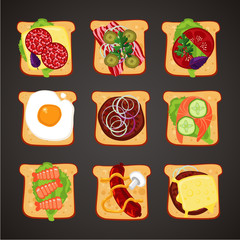 Top view of sandwiches with differents topping. Fast food isolated icon collection. Flat style