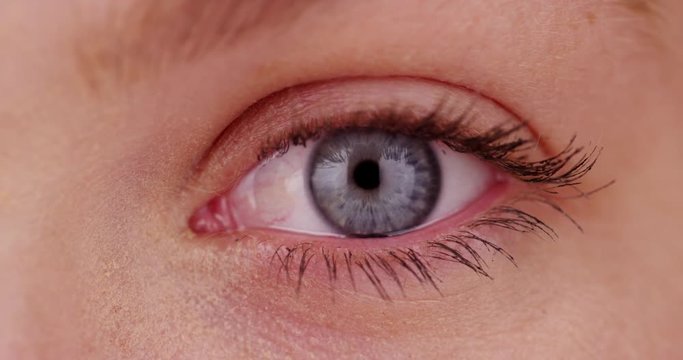 Extreme close up of young Caucasian woman's blue eye, front view