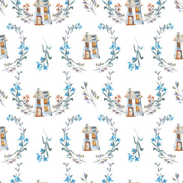 Seamless pattern with watercolor cartoon private houses inside the floral wreaths, hand painted isolated on a white background