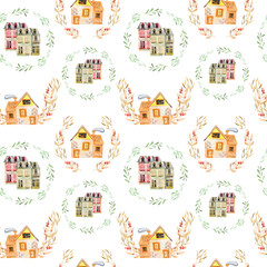 Seamless pattern with watercolor english cartoon houses inside the floral wreaths, hand painted isolated on a white background