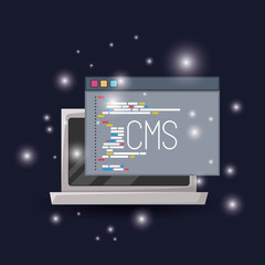 blue dark background with brightness of laptop and program window cms programming language vector illustration
