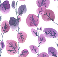 Seamless pattern with pink and purple tree leaves painted in watercolor on white isolated background