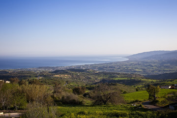 Fototapeta na wymiar View over Chrysochou Bay, the Mediterranean Sea and Polis from Droushia, Paphos, Cyprus.