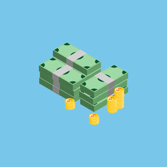 A lot of money, coins and banknotes on the color background, vector 