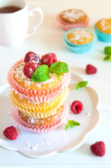 Freshly baked  muffins with mint and raspberry