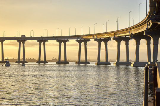 Coronado bridge over sun filled bay; San Diego California
