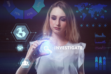 The concept of business, technology, the Internet and the network. A young entrepreneur working on a virtual screen of the future and sees the inscription: Investigate