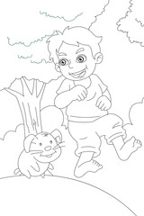 a vector illustration of boy playing with his dog painting