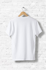 Blank White T-Shirt Mock-up hanging on white wall, rear side view . Ready to replace your design
