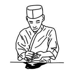 Asian chef making sushi at the restaurant - vector illustration sketch hand drawn with black lines, isolated on white background