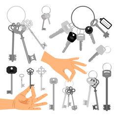 Keys with hands isolated icons set